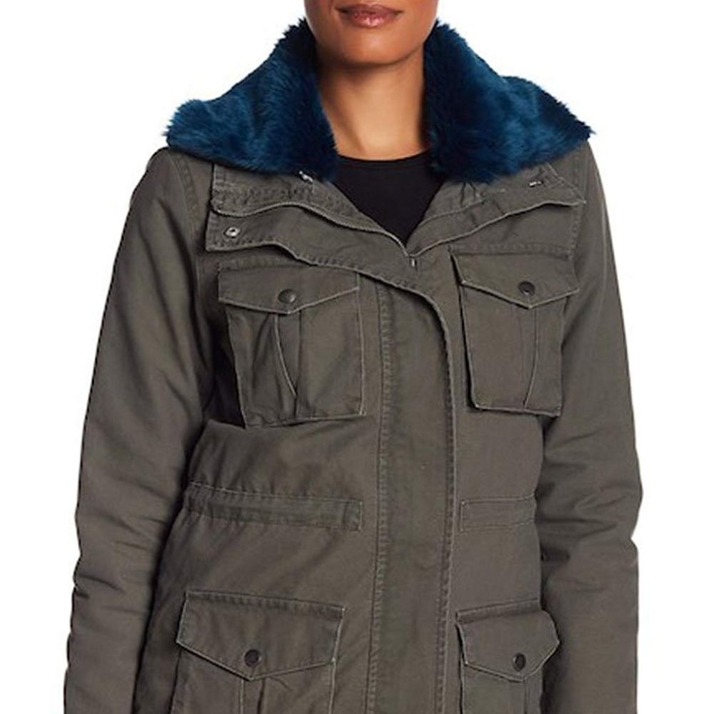 Rachel Roy NEW $189 Womens Faux-Fur-Collar Utility Jacket Coat Olive Green Small
